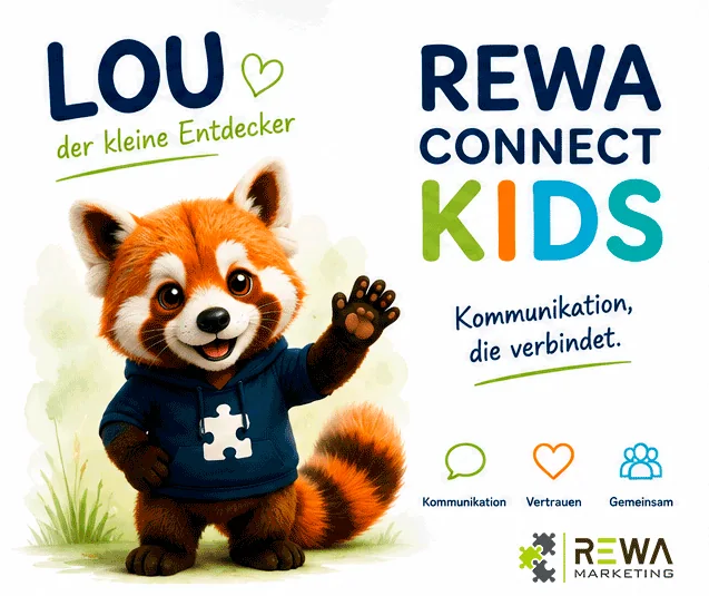 Das Maskottchen Lou, der kleine Entdecker, winkt neben dem Schriftzug REWA Connect Kids – Kommunikation, die verbindet