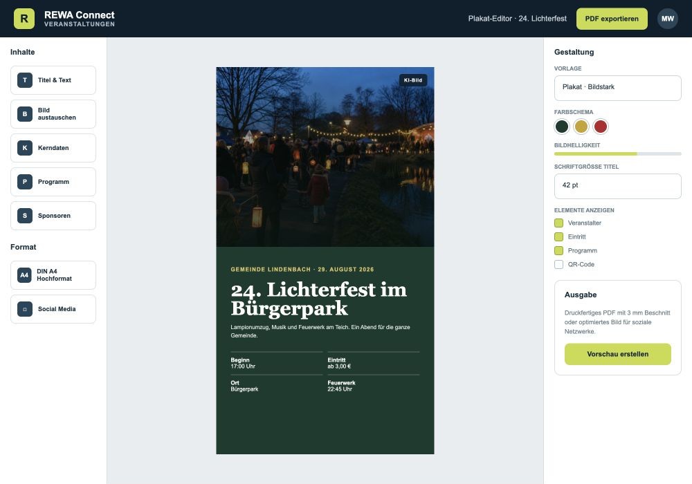 Kommunaler Plakat-Editor mit KI-gekennzeichnetem Veranstaltungsbild