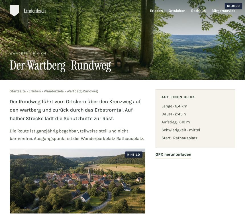 Kommunale Inhaltsseite für Ortsleben und Tourismus im Layout Ortsbild