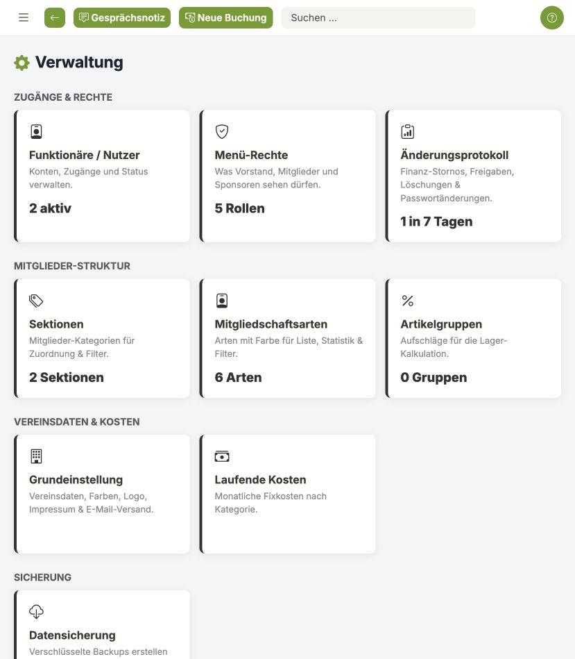REWA Connect Verwaltungsübersicht mit gruppierten Bereichen, Änderungsprotokoll und neutralen Kennzahlen